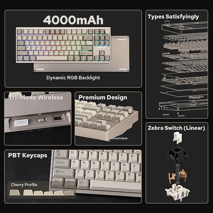 EPOMAKER P87 TKL Aluminum Wireless Gaming Keyboard, QMK/VIA Programmable, 87% Bluetooth/2.4Ghz/USB-C, with CNC Metal Knob and RGB Backlight (Khaki, Zebra Switch)