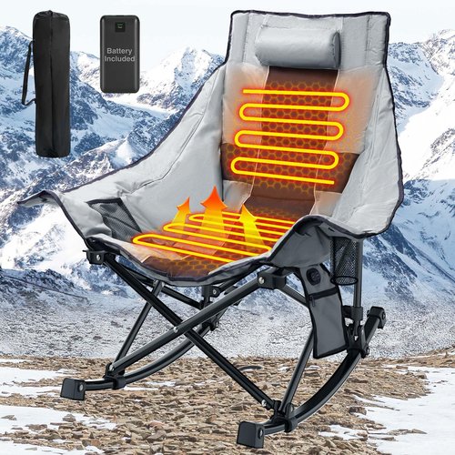 SOROVEE Heated Camping Chair Oversize, XL Heated Rocking Chair with 3 Levels for Back and Seat, Portable Outdoor Heated Folding Chair, Heavy Lawn Chair for Camping (Grey, Included Power Bank)