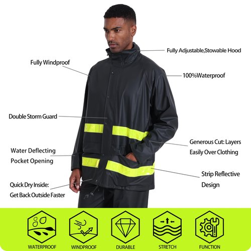 Men's PRO Workwear 3-Piece Waterproof Rain Jacket & Pants Set - Heavy Duty PU Eco-Friendly Hi-Vis Reflective Design(Reflective Black,XX-Large)