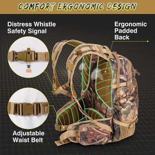 MOPHOTO 900D Waterproof Hunting Backpack for Men, 35L Large Durable Hunting Day Pack with Bow/Rifle Holder，Camo Hunting Pack with Rain Cover and Multiple Organized Pockets
