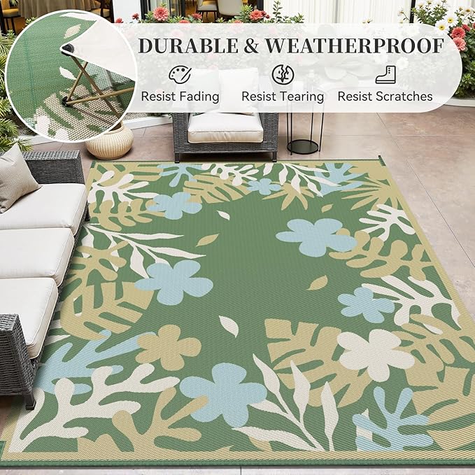 MontVoo Outdoor Rug Waterproof 6x9 ft RV Outdoor Rug for Camping Picnic Mat Outdoor Patio Rug Carpet Plastic Straw Reversible Floral Green Yellow
