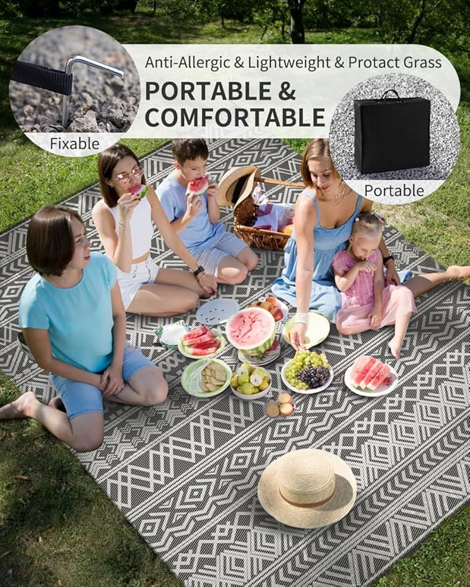 MontVoo Outdoor Rug 8x10 Waterproof Outdoor Patio Rug Mat Reverisble Plastic Straw Outdoor Rug for RV Camping Picnic Beach Balcony Boho Grey