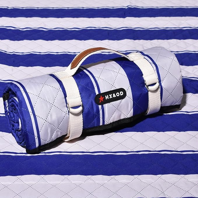 HX&OD Outdoor Picnic Blanket Extra Large, 80”x80” Waterproof Picnic Mat Foldable Camping Blanket Portable with Carry Strap for Beach Mat (Bright Blue&White)