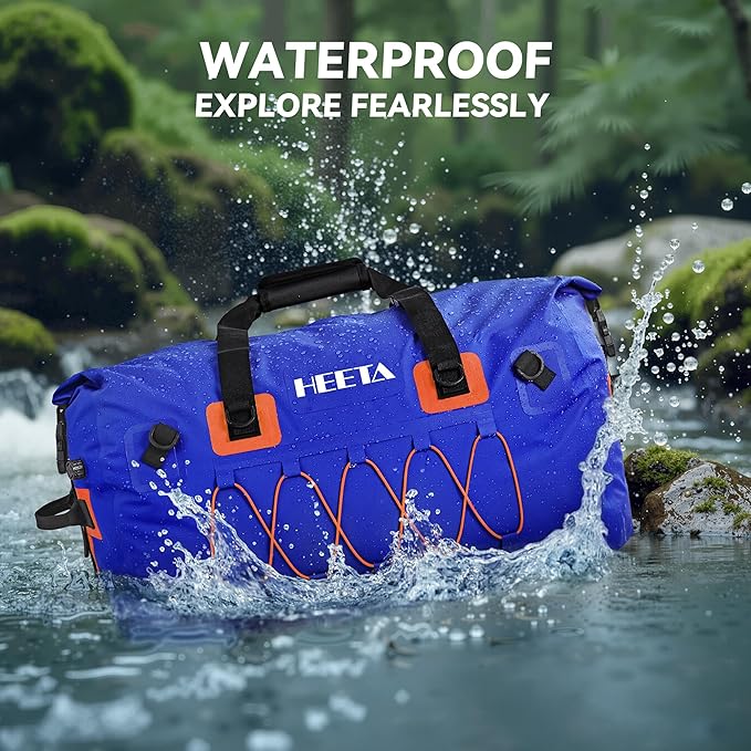 HEETA Waterproof Duffel Bag Motorcycle Dry Bag Backpack, Extra Large Rolltop Travel Duffle Bags with Straps & Handles for Kayaking Rafting Boating Canoeing Camping Gym Beach (Blue, 80L)