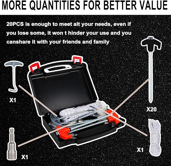 20PCS Screw in Tent Stakes Heavy Duty,8 Inch Screw in Tent Pegs,Metal Camping Stakes,with Hex Head Driver,Nail Lifter,Ropes,Camping Tent Accessories,Black