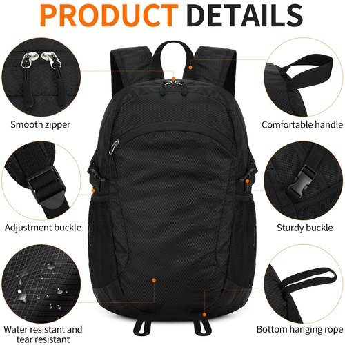 SFIUYDS Small Hiking Daypack,15L Water-Resistant Hiking Backpack Packable Lightweight Travel Day Pack for Women Men (Black, Small)