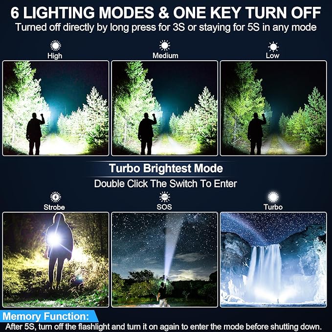 Flashlights High Lumens Rechargeable, 20000 Lumens Super Bright 1500 Meters Long Range Small Powerful Flashlight, 6 Modes LED Tactical Pocket Waterproof Flash Light for Home Emergency (1, Yellow Gold)
