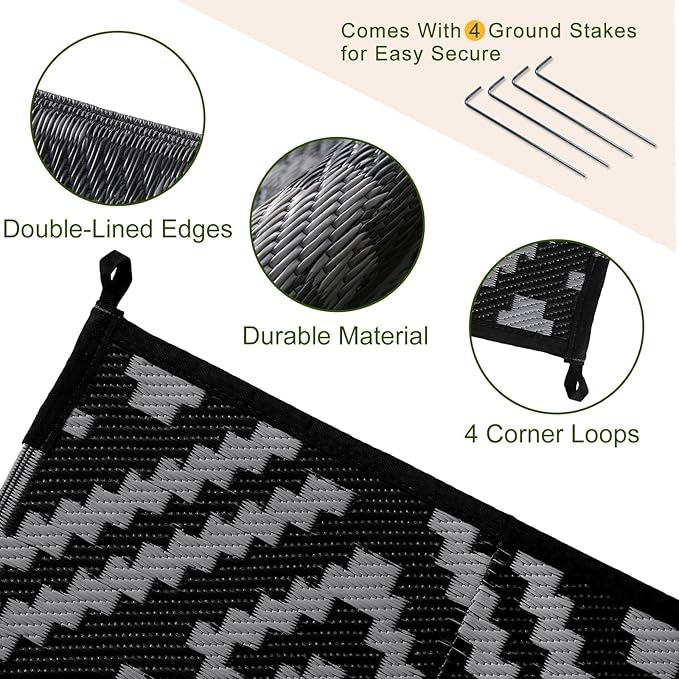 OPPODREAM Outdoor Rug 6x9 Ft, Waterproof Outdoor Plastic Straw Rug for Patio, Reversible Out Door Carpet for Camping, Deck, Rv, 6 x 9 Area Carpet for Balcony, Porch, Backyard, Black and Beige