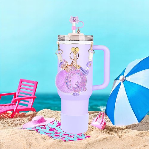 Stanley Cup Accessories Set, 10mm Bow Straw Topper, Siliocne Boot, Water Bottle Handle Strap, Letter Charms for Stanley Cup Straw Cover Cap 40oz 30oz (Q)