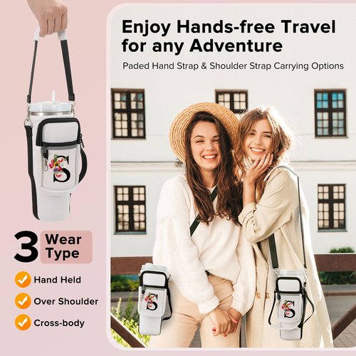 heweiautobsr 40 oz Initial Stanley Cup Holder with Adjustable Shoulder & Handheld Strap and Phone Pocket, Insulated Neoprene, White