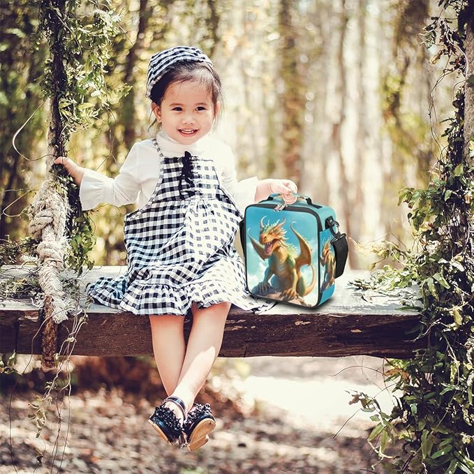 Dragon Lunch Box for Kids, Watercolor Animal Dragon Lunch Bag for Boys Girls, Reusable Insulated Waterproof Lunch Box with Adjustable Shoulder Strap Thermal Cooler Tote Bag for School Daycare Picnic