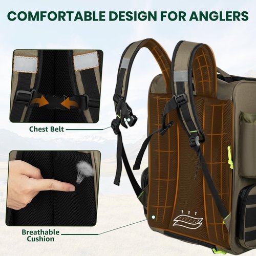 HUNTSEN Fishing Tackle Backpack - 43L Large Waterproof Fishing Bag with Rod Holders & 3 Tackle Boxes - Fish Tackle Storage Bag with Rain Cover Fishing Gear and Gifts For Men For Fishing Camping Hiking