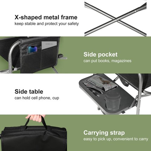 YOUNG WOOD Camping Directors Chair, Lightweight Oversized Portable Folding Chair with Side Table and Storage Pockets for Outdoor Camping, Lawn, Picnic and Fishing, Supports 400lbs (Black)