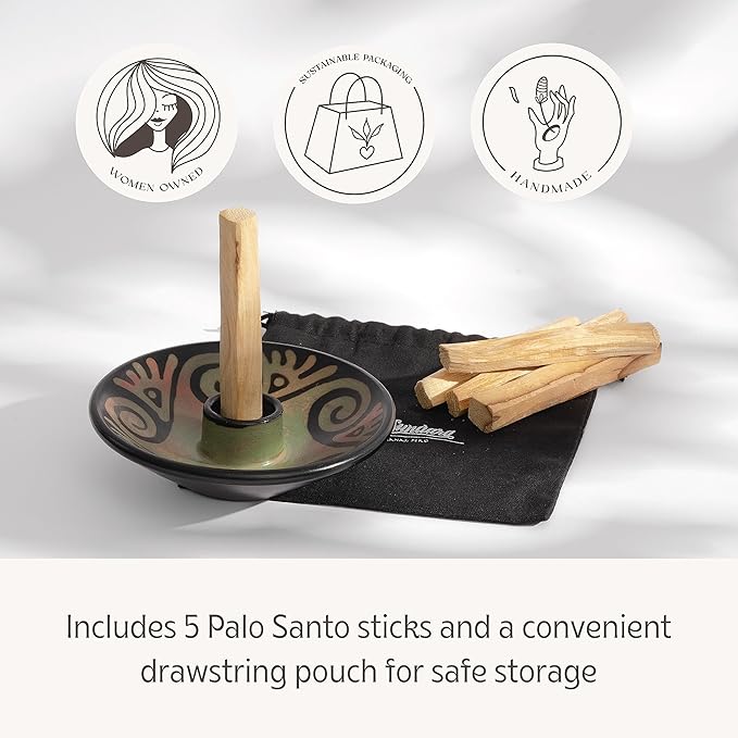 Luna Sundara Authentic Peru Pottery Palo Santo Stick Holder and Incense Holder Includes 5 Palo Santo Sticks Handmade Ceramic Smudge Bowl Sage Holder Palo Santo Holder (Green)