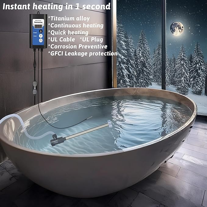 3000W 240V Titanium Immersion Water Heater Portable Electric inflatable pool & Hot Tub Submersible Water Heater with Temp Control, GFCI for above ground pool, Baptistry, baptism pool & spa