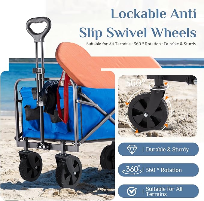 DUMOS Foldable Wagons Carts with All-Terrain Wheels, 120L & 360LBS Portable Shopping Wagon Large Capacity Utility Cart with Drink Holders, Heavy Duty Collapsible for Sand, Beach, Gardening(Large Blue)