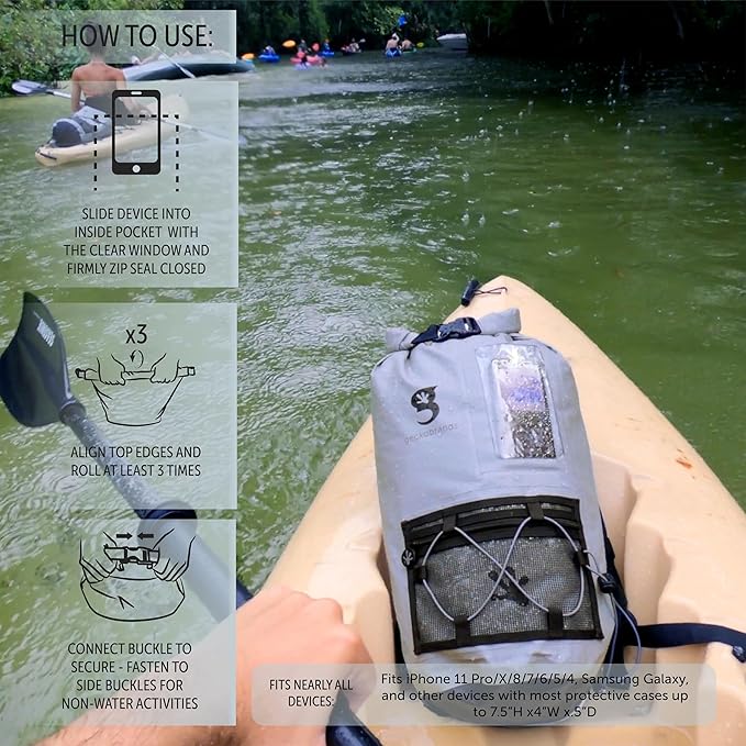 geckobrands Hydroner 20L Waterproof Dry Bag Backpack – Lightweight Roll-Top Bag with Clear Phone Pouch for Outdoor Activities