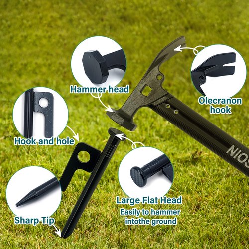 NIOSAVM Heavy Duty Tent Stakes with Hammer - 8pcs 9.8" Carbon Steel Camping Stakes & 11" Mallet, Windproof Stakes for Beach/Rocky Ground, Includes Storage Bag & Anti-Rust Protective Caps