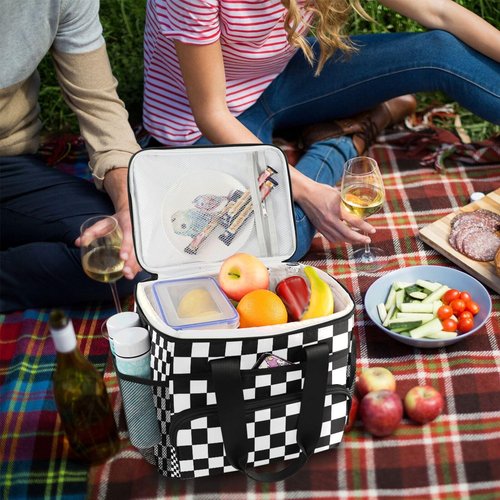 Black White Checkered Cooler Bag Insulated Cooler Soft Sided Cooler 24 Can Portable Picnic Bag Large Leakproof Lunch Bag Box for Beach Grocery Camping Travel Car Men Women