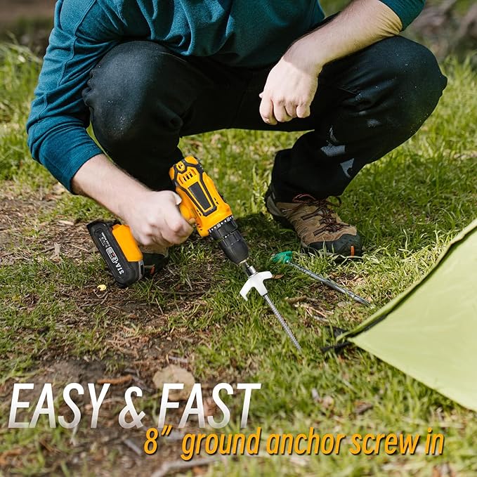 12 Pack Tent Stakes Heavy Duty, Screw in Tent Stakes Heavy Duty, Metal Tent Stakes, 8" Tent Pegs, Camping Stakes, with 1 Hex Head Driver, 1Stopper T Pull Hook, with 4 X 13ft Ropes,Storage Box (A1)