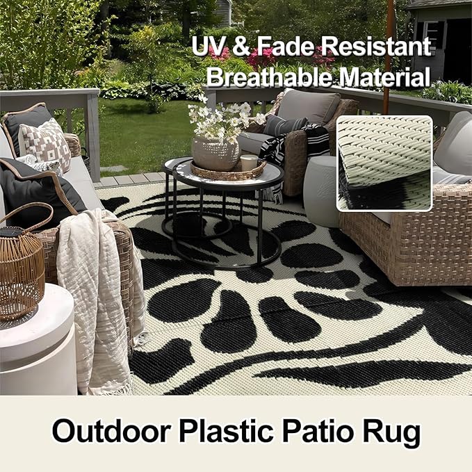 Wonnitar 8x10 Outdoor Patio Rug Clearance,Waterproof Plastic Straw Rugs Reversible Outside Large Mat,Abstract Floral Lightweight Carpet for Backyard Balcony RV Camping Deck (Black & White, 8'x10')
