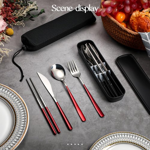 Kritkin 2 Sets Travel Cutlery Set 18/8 Stainless Steel Cutlery 6 Pcs Reusable Utensils Set with Case Portable Silverware Lunch Box for Camping School Office(Silver, Red, Black)