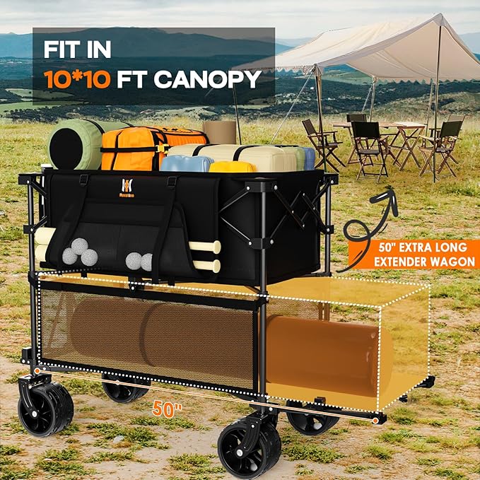 Navatiee 400L Double Decker Wagon Collapsible, 485LB Weight Capacity Heavy Duty Foldable Large Beach Wagon with Big All-Terrain Wheels, Folding Utility Cart for Sports, Camping, Outdoor, Black
