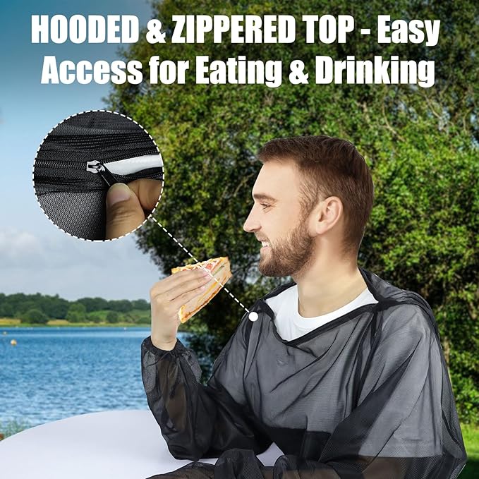 HOMEYA Bug Jacket L/XL, Anti Mosquito Netting Suit with Zipper on Hood Ultra-fine Mesh Pants Mitt Socks with Free Carry Pouch for Protecting Hunting Fishing Men Women