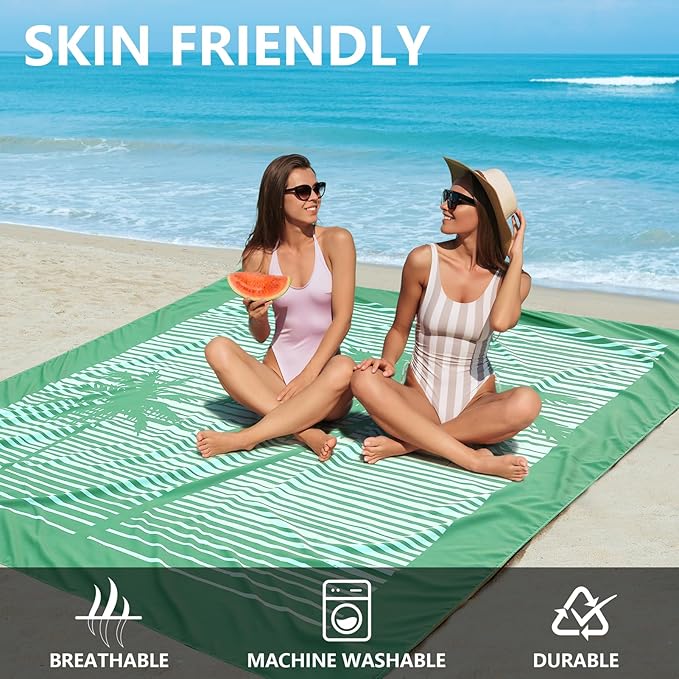 Beach Blanket Sandproof Extra Large Beach Mat Adults Waterproof Quick Drying Sand Free Mat Made by Premium Polyester with 4 Stakes & 4 Corner Pockets for Outdoor Travel Camping Hiking