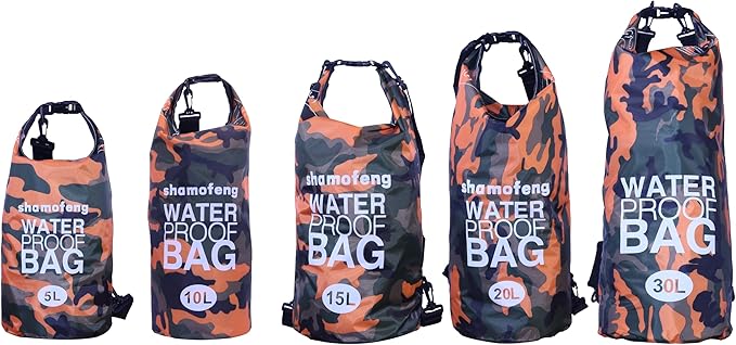 Waterproof Dry Bag Combo 5-30L Roll Top Dry Storage Bag Backpack for Kayaking Boating Beach Camping Travel Fishing, w/Phone Case & Collapsible Water Bottle & Sunglasses & Ear Band,Orange 15L