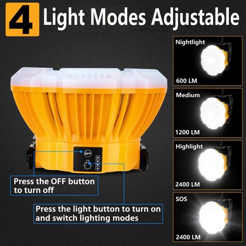GRVODFRTA 2400LM LED Camping Lantern Light for Dewalt 18V 20V MAX Battery, 3 Adjustable Brightness Cordless Portable LED Work Light Floodlight with Hook for Tent Jobsite Ceiling Light(No Battery)