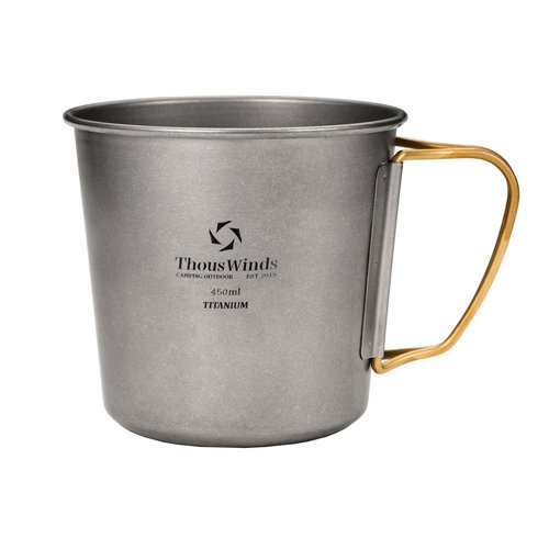 Thous Winds Titanium Mug, 450ml 15oz, Camping Coffee Cup with Foldable Handle and Lid, Lightweight Cup for Outdoor Backpacking Hiking