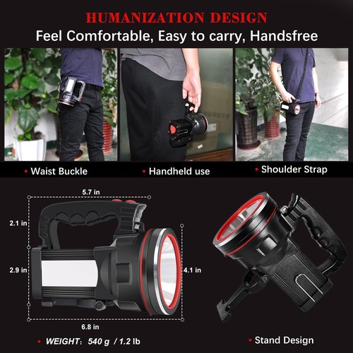 BIGSUN Spotlight Flashlight, 12800 mAh Rechargeable Flashlights High Lumens, Bright Flashlight, Outdoor Waterproof Camping Search Light Tactical Torch for Emergency, Boat, Hunting (Expolrar 2)