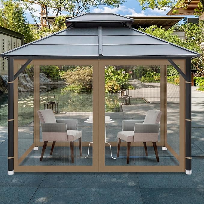 Gazebo Universal Replacement Mosquito Netting, 10' x 12' Outdoor Mesh Netting Screen 4-Panel Sidewall with Zipper for Patio Canopy Garden Porch Pergolas and Backyard, Khaki(Mosquito Net Only)