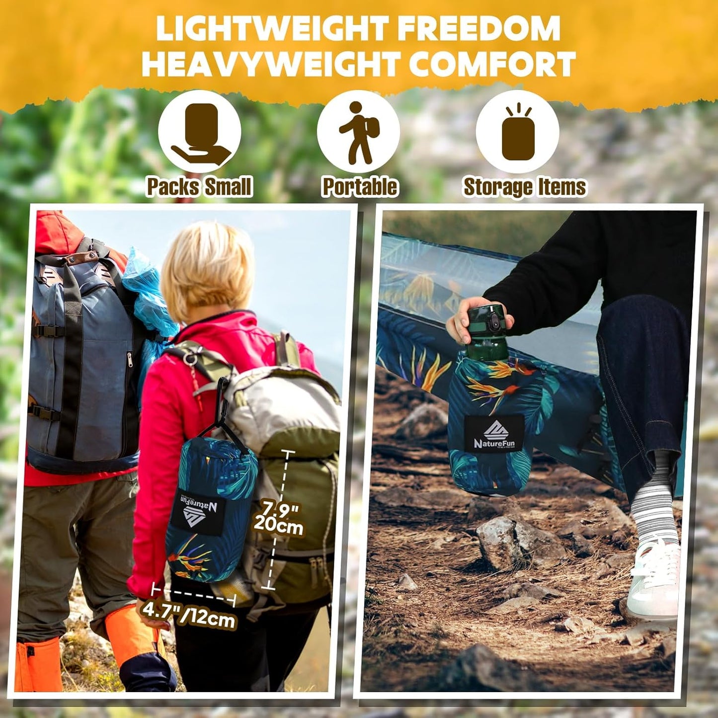 NATUREFUN Ultra-Light Travel Camping Hammock | 300kg Load Capacity,Breathable,Quick-Drying | 2 x Premium Carabiners,2 x Nylon Slings Included | Outdoor Indoor Garden