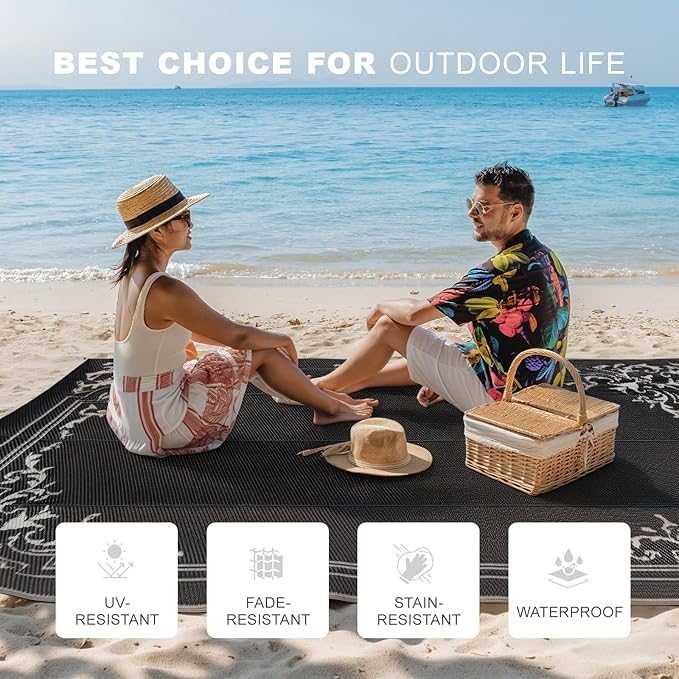 wikiwiki Outdoor Rug, 4x6ft Waterproof Reversible Mat Indoor Outdoor Rugs Carpet, Small Area Rug Plastic Straw Rug for Patio Deck Balcony Pool RV Camping Beach Picnic, Classic Black, Rugscape Series