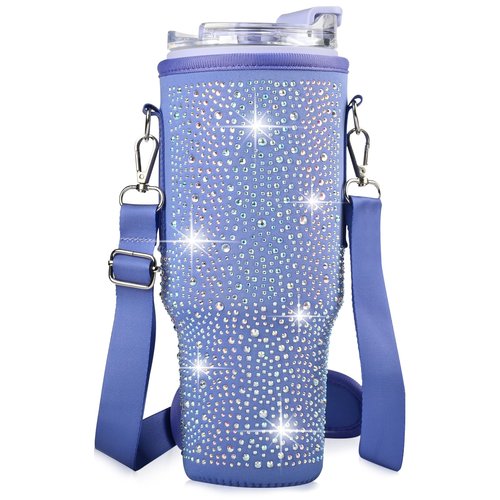 Bling Water Bottle Carrier Bag for Stanley Cup 40oz, Sparkling Diamond Water Bottle Holder with Adjustable Strap, Neoprene Water Bottle Bag Stanley Cup Accessories (Purple)