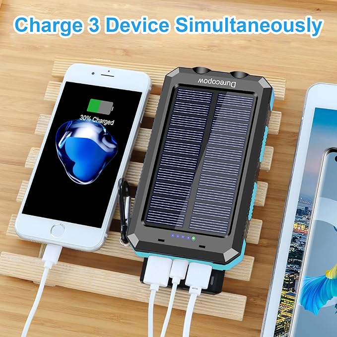 Solar Charger Power Bank, 20000mAh Portable Outdoor Waterproof Solar Battery Charger, Camping External Backup Battery Pack USB C Ports Input/Output, 2 Led Light Flashlight with Compass (Blue)