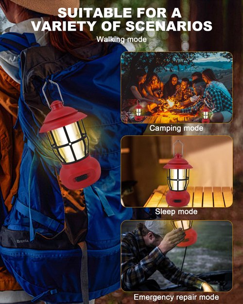 Camping Lights - LHQOO LED Lights for Power Outage, LED Flashlights with Three Dimmers, Rechargeable Camping Lantern with Hook, Suitable for Fishing, Picnics, Camping, Halloween, Birthday Gifts(Red)