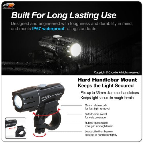 Cygolite Streak 600 Lumen Bicycle Light – 7 Light Modes – Use Day and Night – Compact, Durable, IP67 Waterproof– Secure Hard Mount– USB-C Rechargeable – for Road, Mountain, Commuter Bicycles