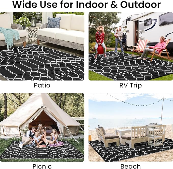 Smiry Outdoor Rug 9x12 ft, Waterproof Reversible Plastic Straw Rugs, Boho Outdoor Area Rug, Outside Floor Mat for Patio, Backyard, Deck, Picnic, Beach, Camping, Black