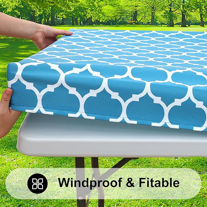Smiry Rectangle Picnic Table Cover, Waterproof Elastic Fitted Camping Tablecloths for 8 Foot Tables, Wipeable Flannel Backed Vinyl Tablecloth Protector for Indoor, Outdoor (Light Blue, 30x96 Inches)