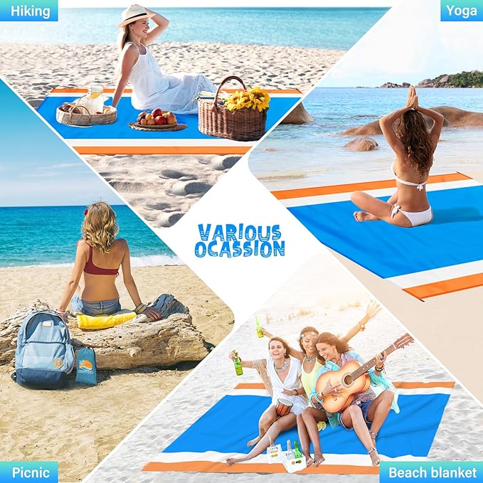Beach Blanket Waterproof Sandproof 1-7 Adult Oversized 78 '' × 81 '' Lightweight Durable Compact Sand Free Beach Mat for Travel Camping Hiking Picnic Blanket