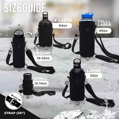 Made Easy Kit Water Bottle Carrier Insulated Neoprene - Adjustable Padded Shoulder Strap - Sling Pouch for Glass Bottle, Stainless Steel Tumbler - 5 Sizes (Black, Tall Large)