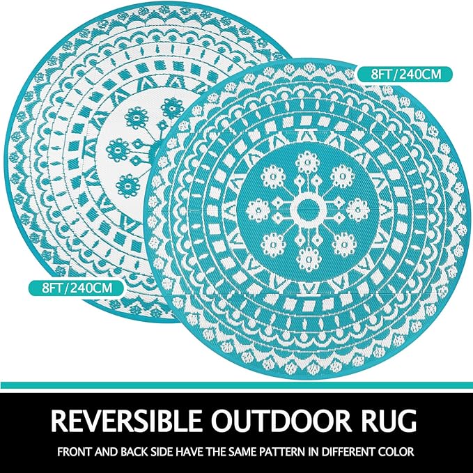 Capslpad 8Ft Round Outdoor Rug for Patio Clearance Boho Reversible Mat Waterproof Outdoor Plastic Straw RV Camping Rug Outside Circle Area Rug for Porch Deck Terrace Picnic Beach Apartment, Teal