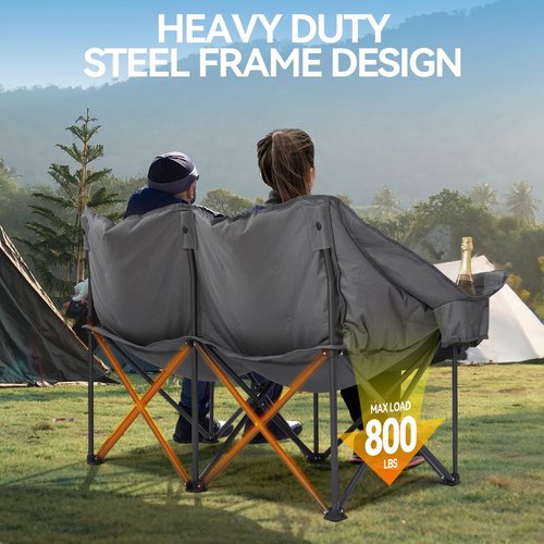 Huskfirm Double Camping Chairs Padded Loveseat Chair for 2 Person - Heavy Duty Oversized Camping Couch for Adults Outdoor Lawn Beach - Portable Folding Sofa with Cup Holders and Carry Bag, Grey