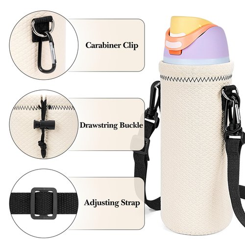 Linkidea Water Bottle Carrier with Strap Compatible with Owala FreeSip 32oz, Twist 32oz Water Bottle, Neoprene Waterbottle Sling Bag Holder, Shoulder Strap, Off White