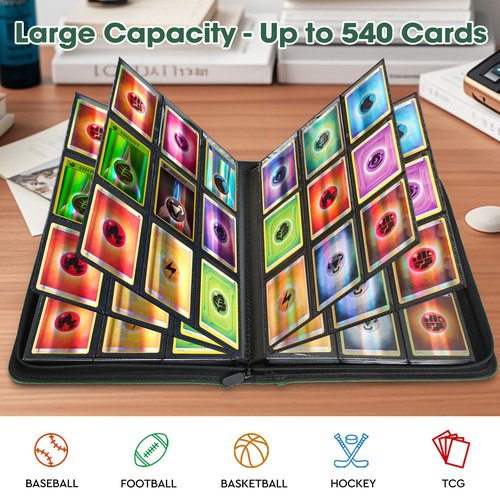 Old Canal Trading Card Binder, 9 Pocket Card Album Folder Hold Up to 540 Cards, Premium and Durable Zipper Binder, Cards Holder Album for MTG, TCG, Baseball Cards, Football Cards (Dark Green)
