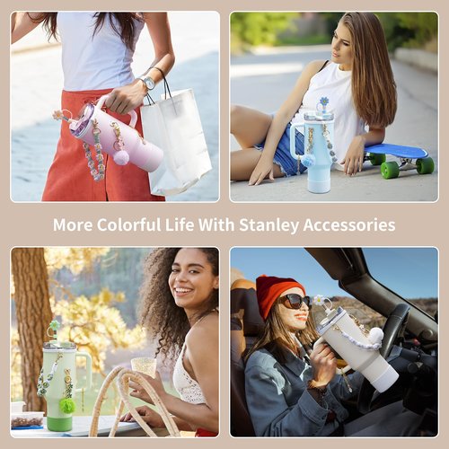 Stanley Cup Accessories with Handle Strap - Including Straw Topper, Water Bottle Strap, Silicone Stanley Boot, Cute Keychain Charms for Stanley 30oz 40oz Tumbler with Handle
