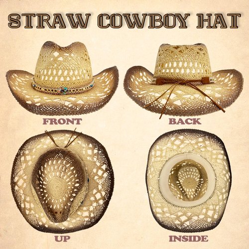 Men's Women's Western Straw Cowboy Hat, Cowgirl Sun Beach Hat with Two Decorative Bands and a Hair Band, Wide Brim Brown